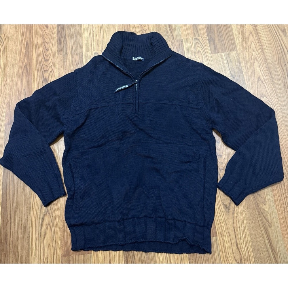 Barbour Sweater Mens Large 100% Pure New Wool Quarter Zip Navy Blue